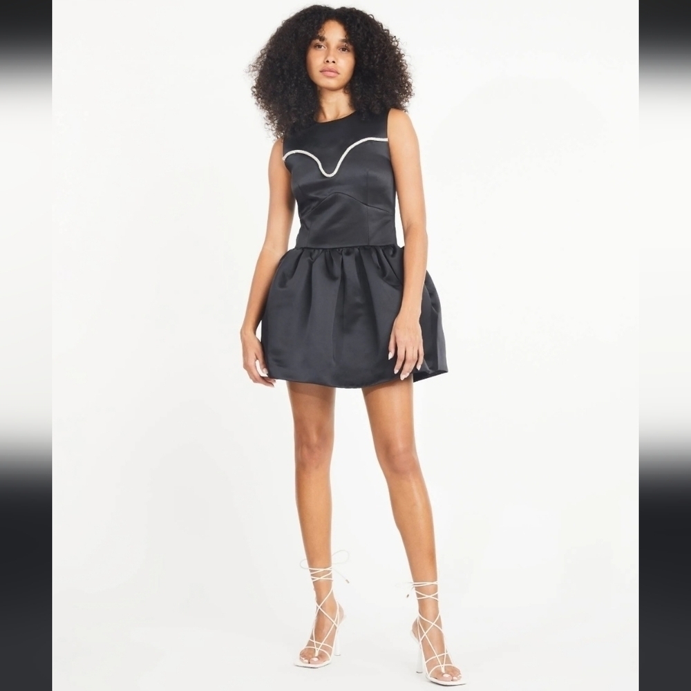 TANYA TAYLOR NWT Noaki Embellished Black Satin Mini Flare Dress Size 2